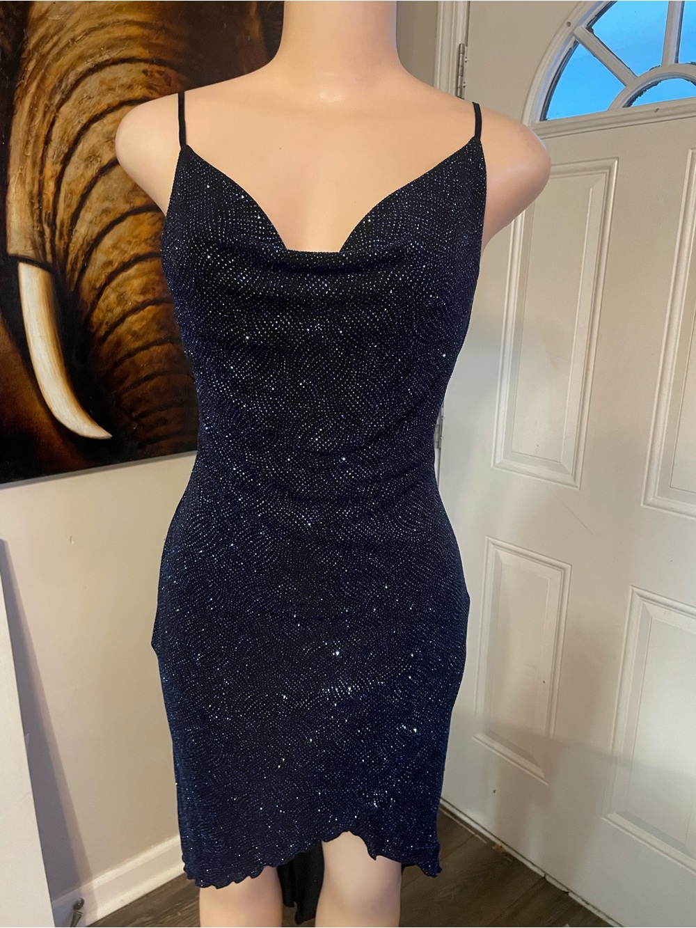 City Angels Sparkling Navy Cowl Neck Slip Dress USA made Small prom dance